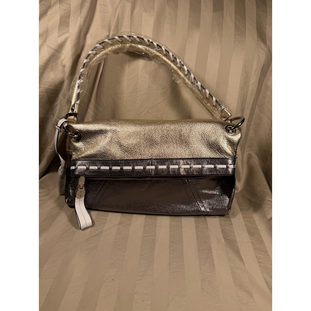 B. Makowsky Metallic Gold Pewter Leather Whipstitch Shoulder Bag NWT